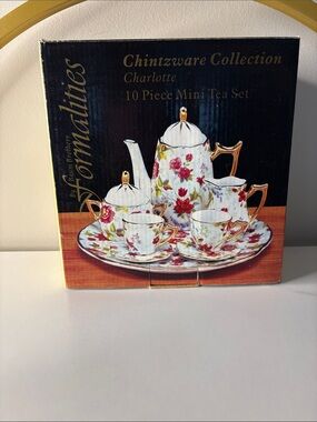 Brother Chintzware Charlotte Mini Tea Set White with Red Floral and Gold Accents